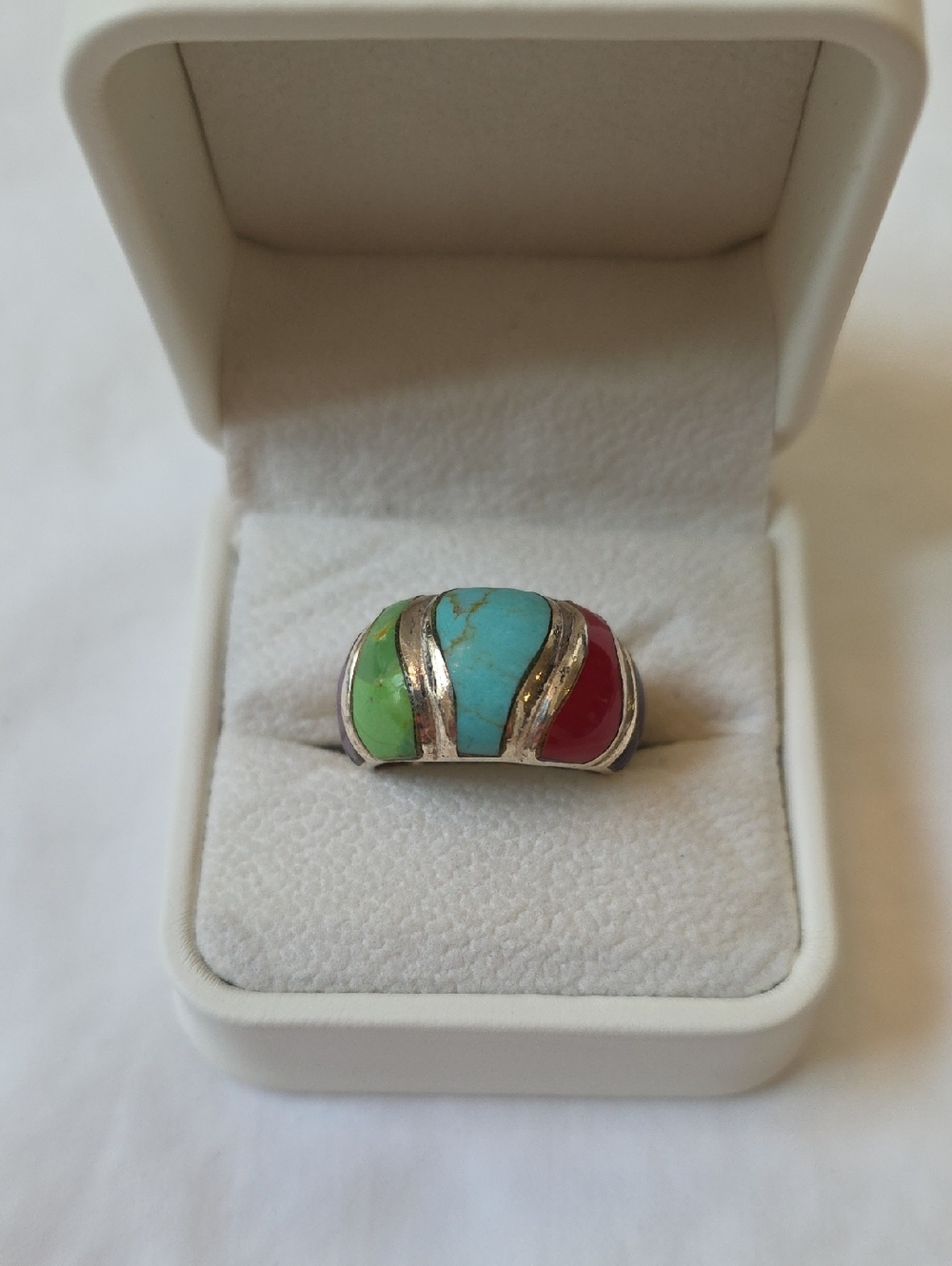 Sterling Silver Multistone Inlay Ring with Turquoise,Red and Green SZ 7.75